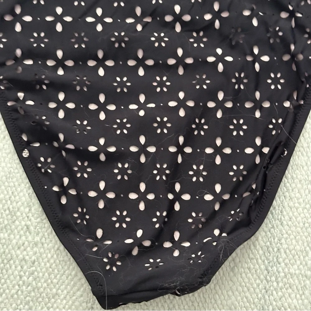 J Crew Scalloped Ruffle One Shoulder one-piece swimsuit ilaser-cut eyelet Black